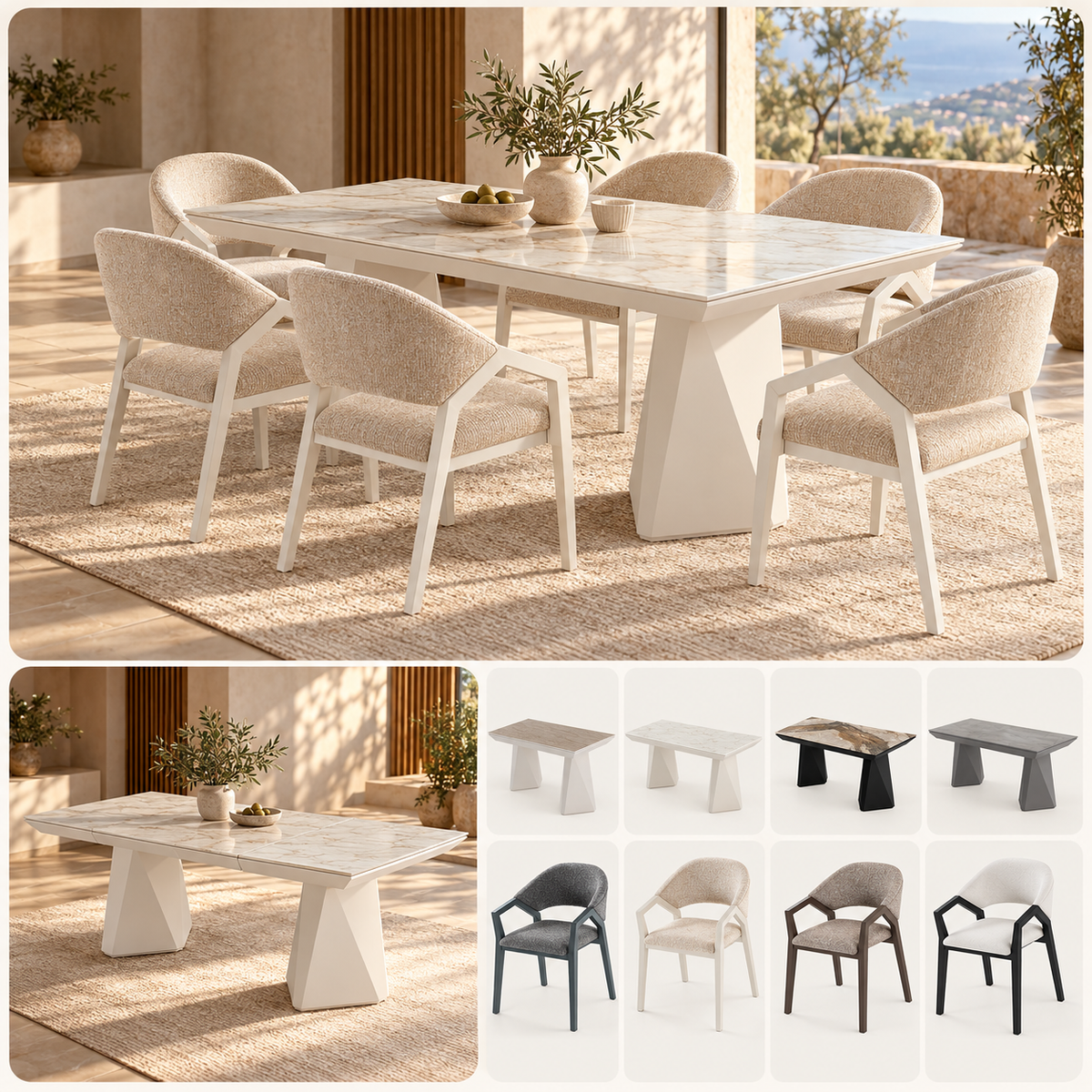 Diamond matgrupp – utdragbart matbord + 6 Diamond stolar