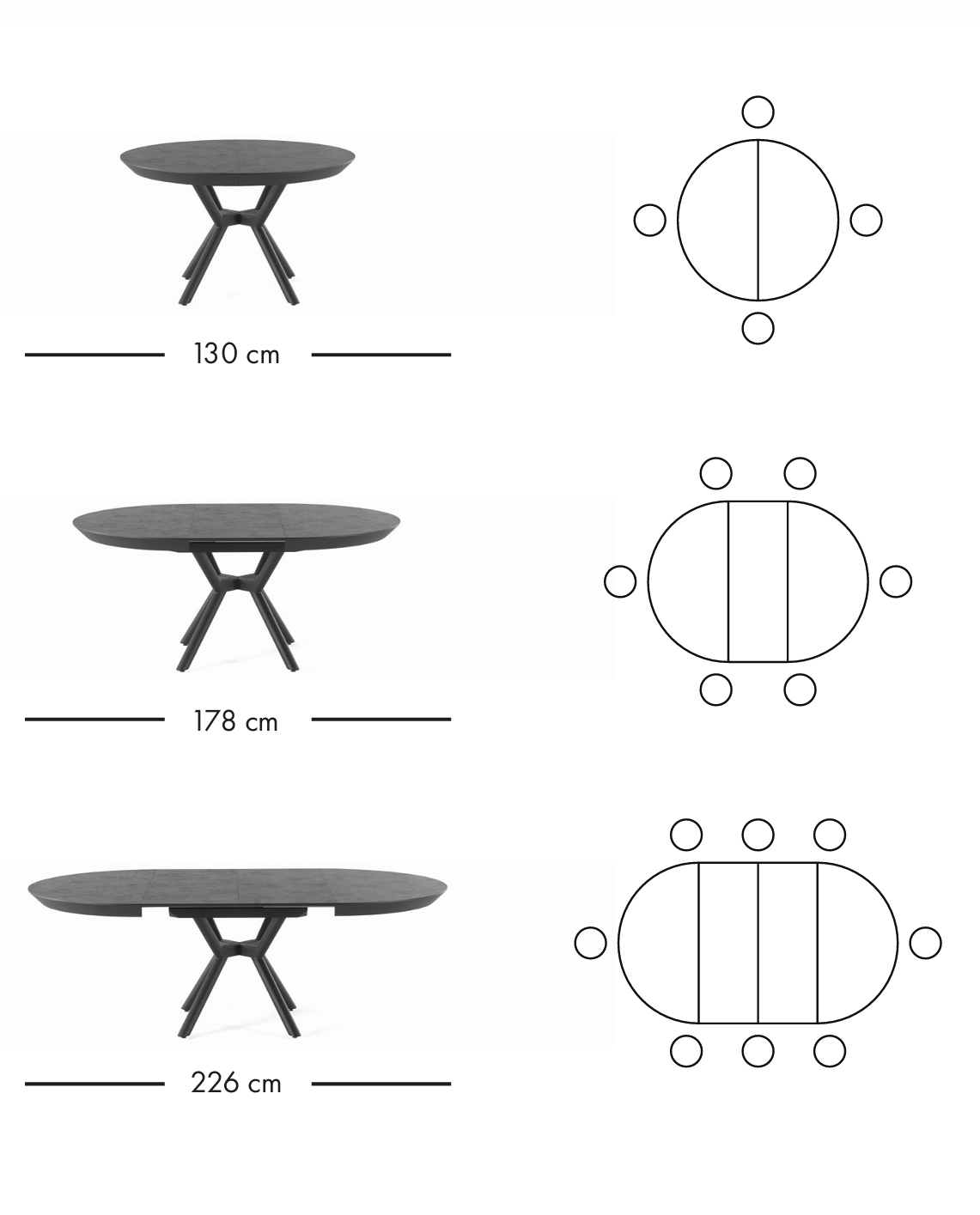 Round extendable dining table 130–226 cm